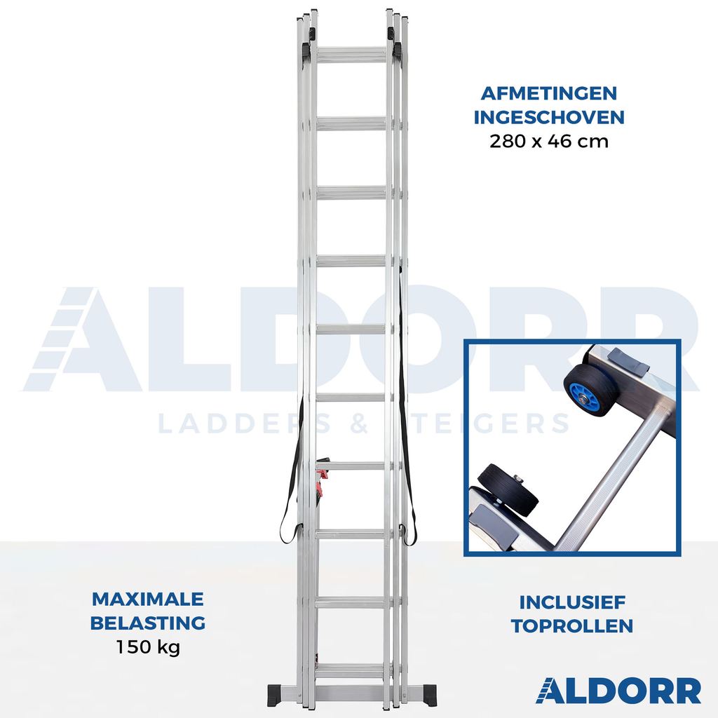 Aldorr 3-Part Combination Ladder. Measurements shown. Including small wheels. Affordable rental with BIYU.