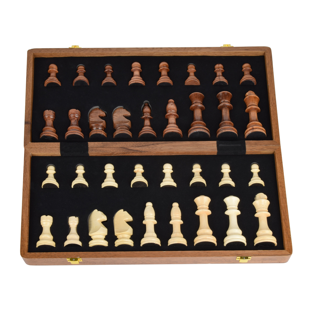 Wooden Chessboard with chess figures in their slots with the cover open. Affordable rental with BIYU.
