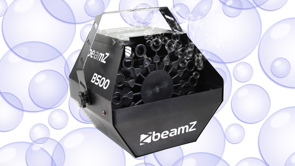 BeamZ Bubble Machine surrounded by bubbles. Affordable rental with BIYU.