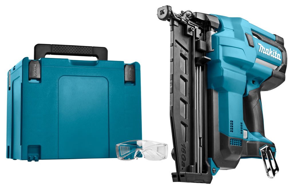 Makita accu elektrische nietmachine badtacker (18V) die gebruikt kan worden om om spijkers in de muur of elders te schieten. 