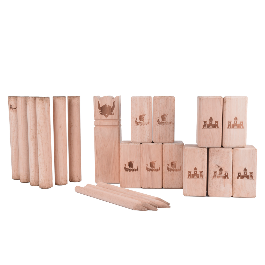 The Kubb Game XXL made of solid wood available from BIYU through a subscription.