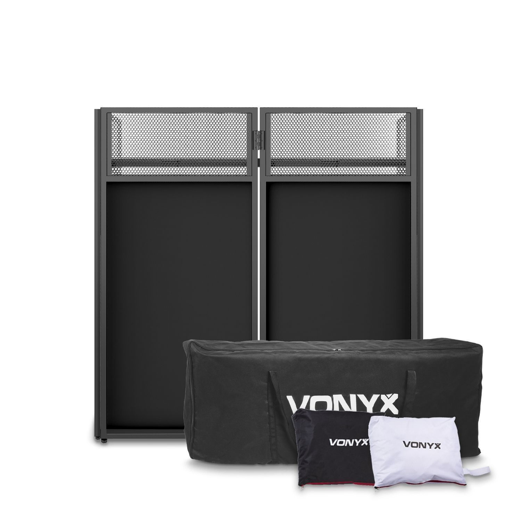 Vynox DJ-tafel met afwisselende zijpanelen, wit en zwart. Huren bij BIYU