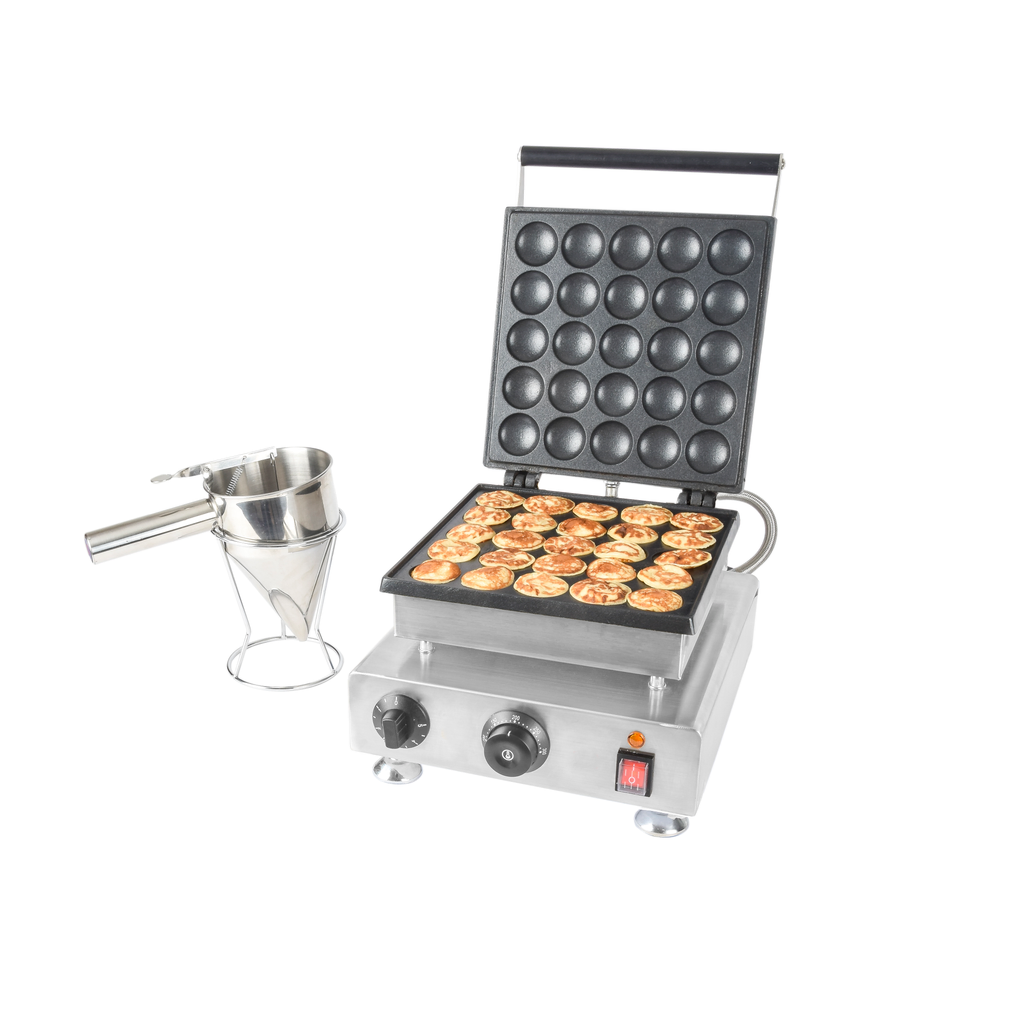 ALDKitchen Dutch Pancake Maker Machine with dispenser and pancakes. Affordable rental with BIYU.