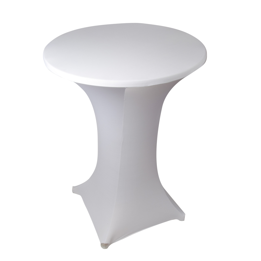Cocktail Table for a Party with a white cover for a wedding or party. Affordable rental with BIYU.