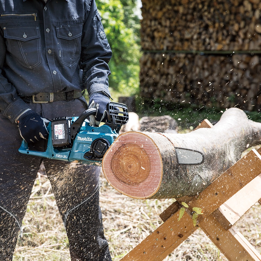 The Makita cordless battery powered chainsaw is ideal for pruning work due to compact construction and low weight