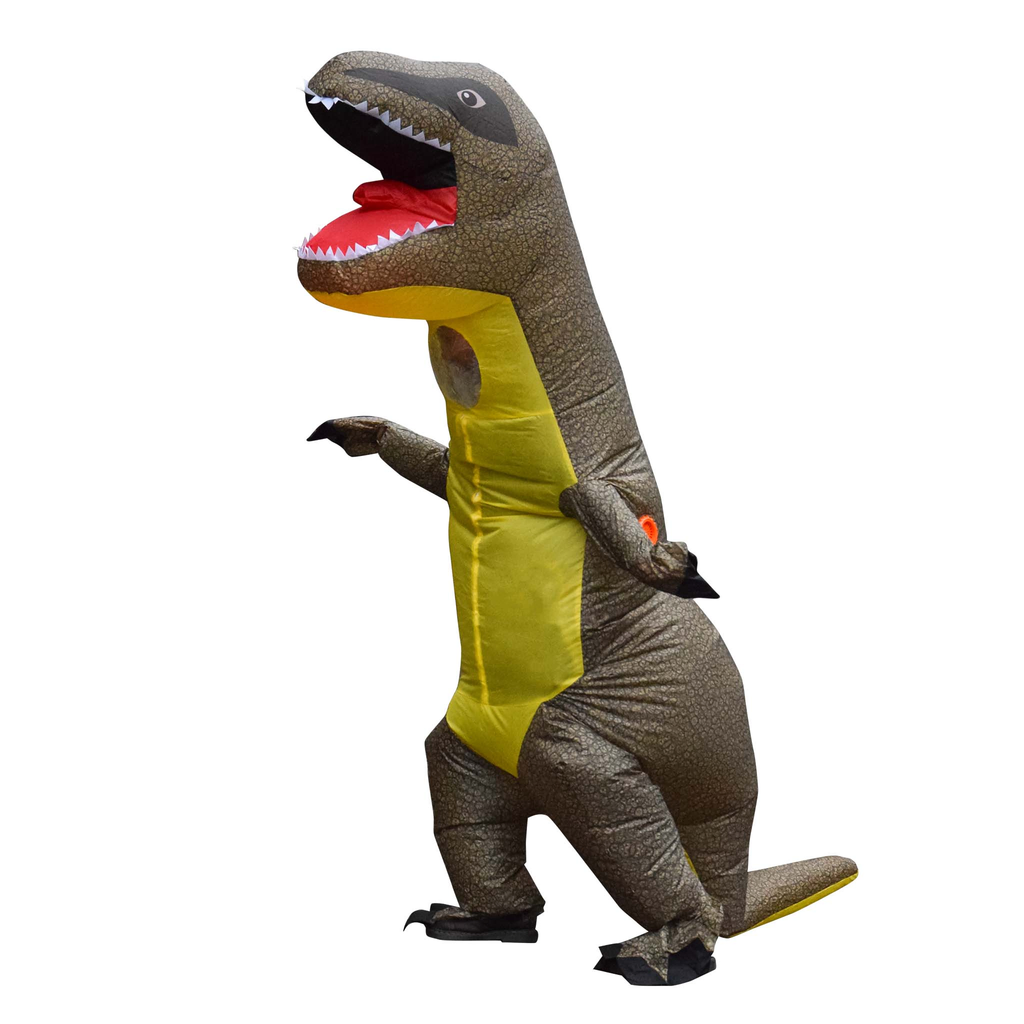 Inflatable T-Rex Consume for carnival and fancy dress. Side picture. Affordable rental with BIYU.