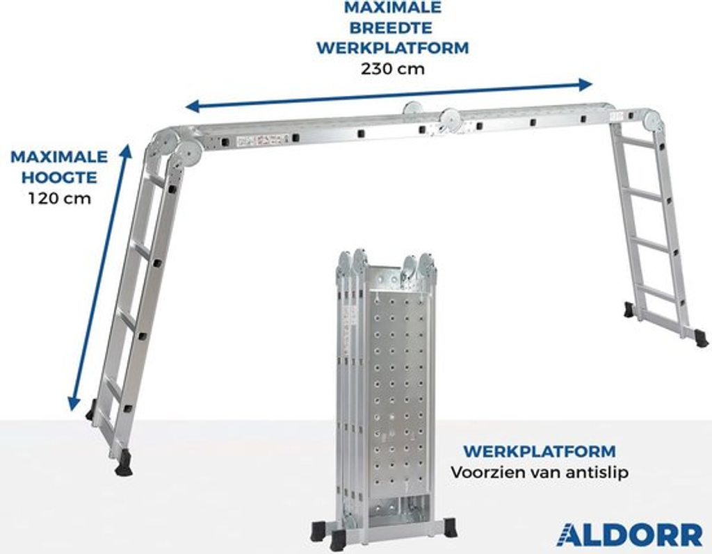 Aldorr Professional Folding Ladder with Platform. Image shows platform with details on size. Affordable rental with BIYU.