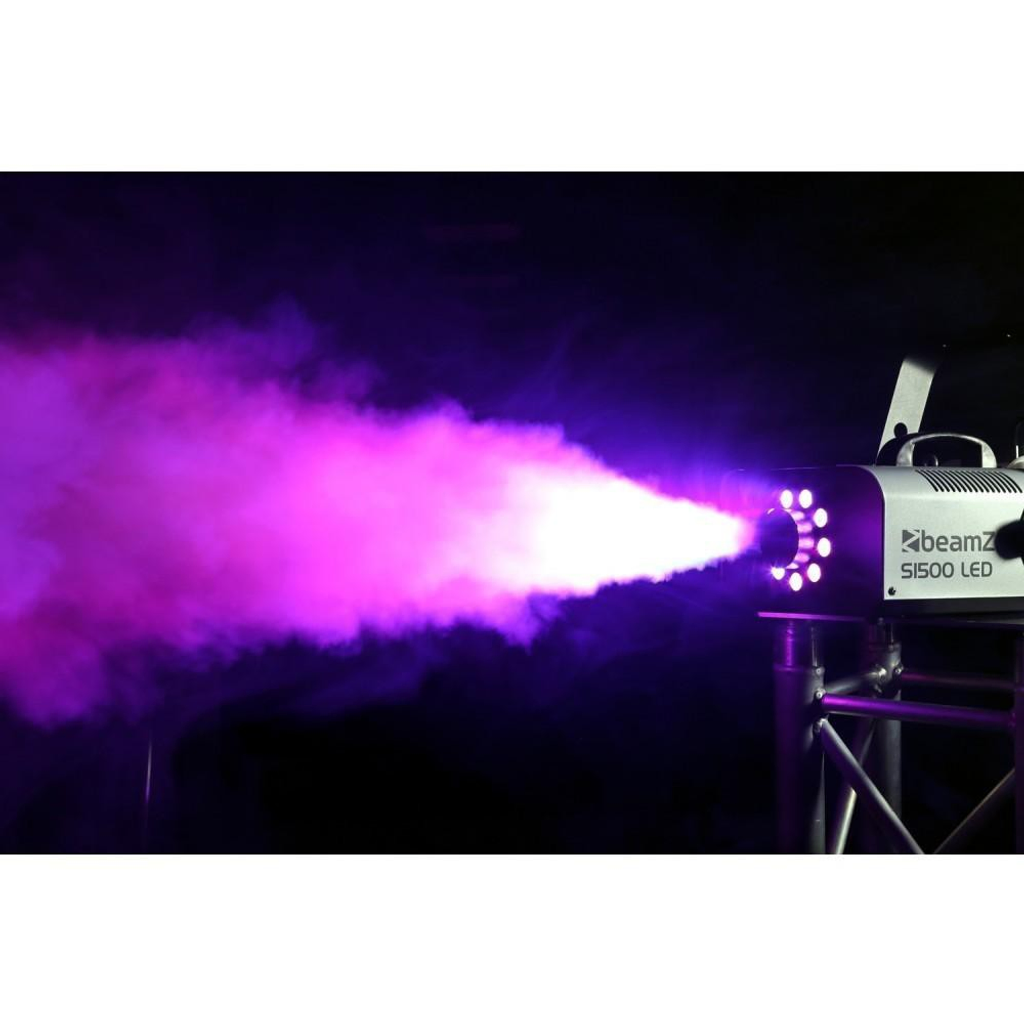 BeamZ Smoke Machine with RGB LEDs making colord smoke at a party. Affordable rental with BIYU.