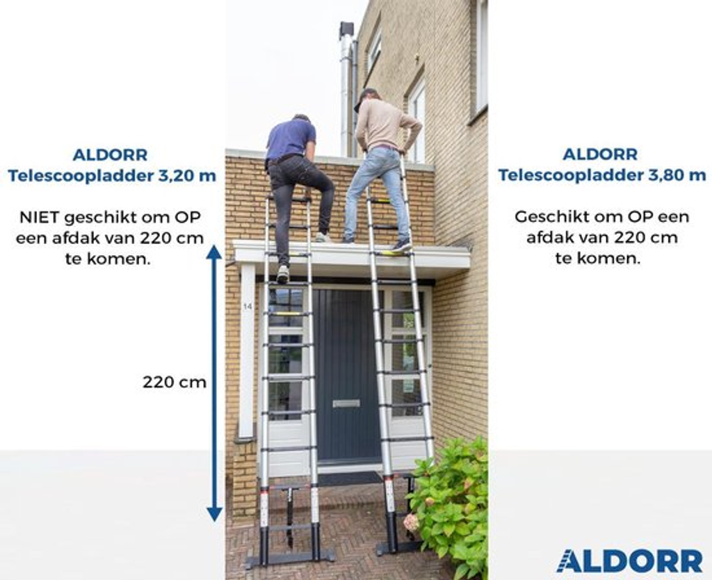 Twee mensen klimmen met de Aldorr Home telescoopladder 3.80 meter op een dak. Makkelijk en  goedkoop huren bij BIYU