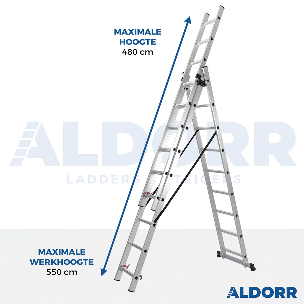 Aldorr 3-Part Combination Ladder. 3-part extension shown with two parts on the ground. Affordable rental with BIYU.