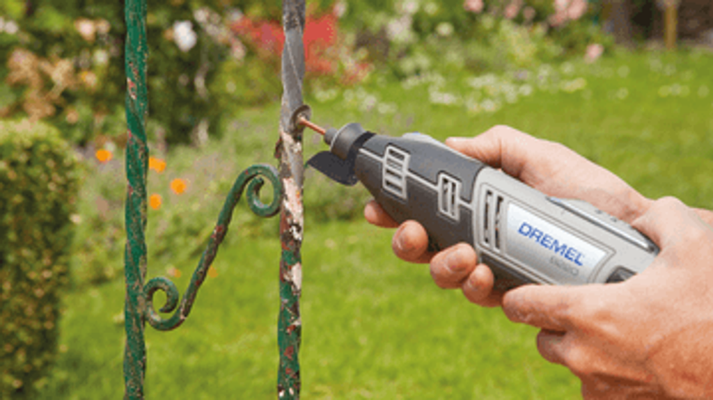 Dremel cordless Multi-tool 12V Li-ion used for a fence repair. Affordable rental with BIYU.