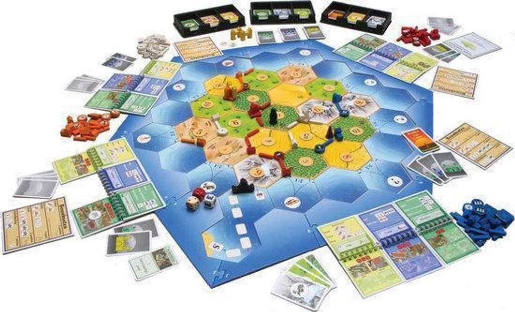 999 Games Catan Game Expansion Cities and Knights. All accesories on a table included with the game. Affordable rental at BIYU.