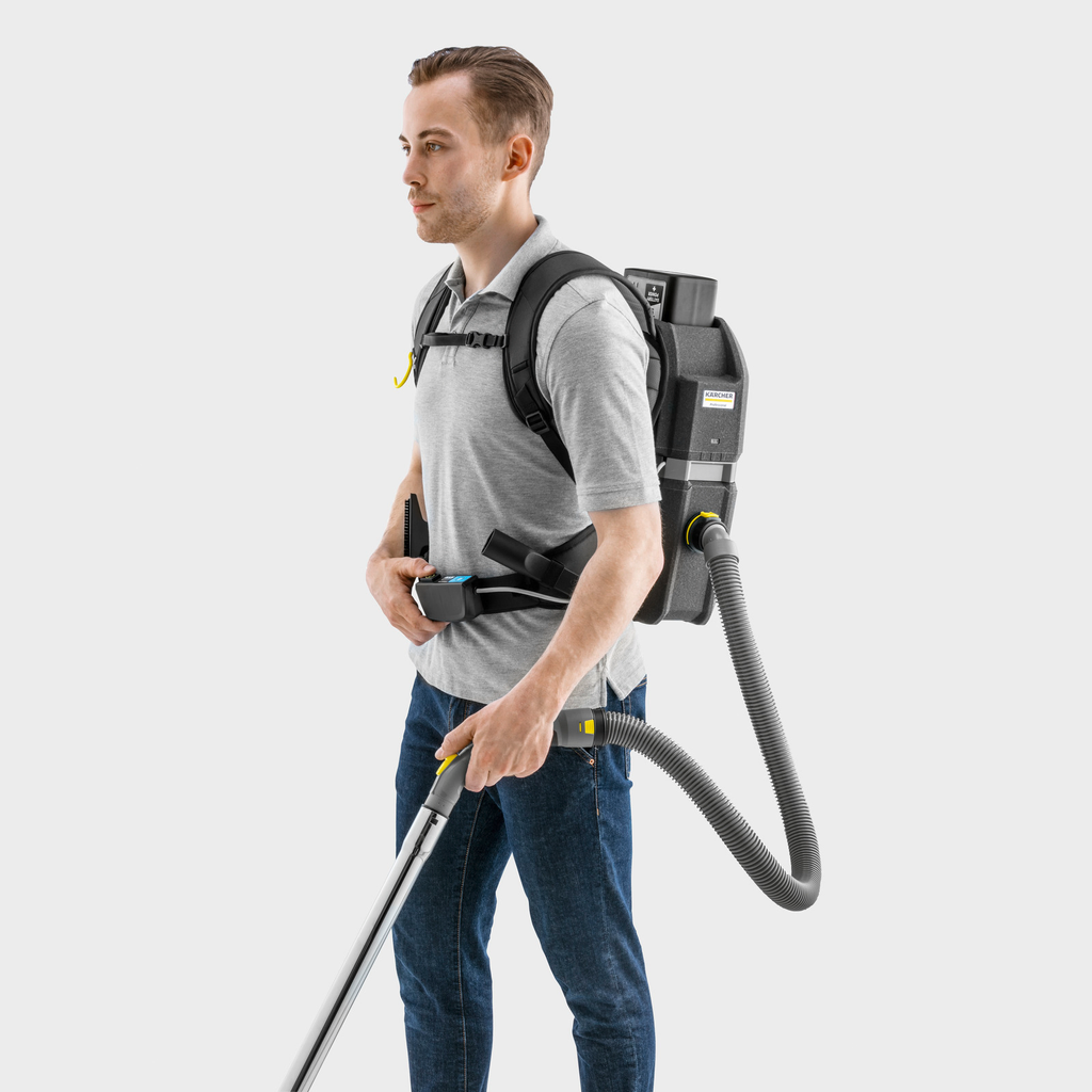 Rent Kärcher BVL 5/1 Bp Pack back vacuum at BIYU, ideal for cordless, efficient office cleaning with powerful performance.