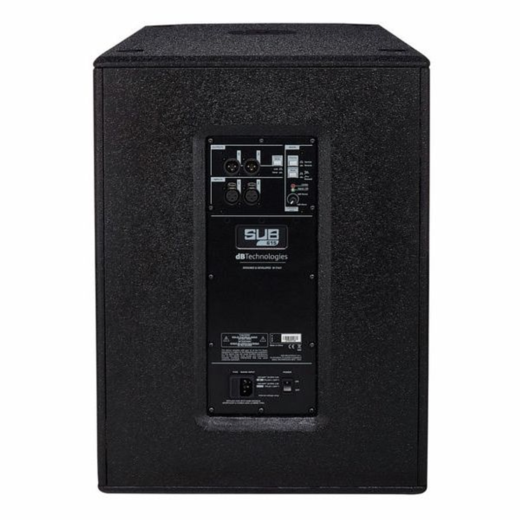 Rent the dBTechnologies SUB 615 active subwoofer from BIYU for powerful bass sounds at your parties! Photo of the 15-inch woofer with built-in amplifier.
