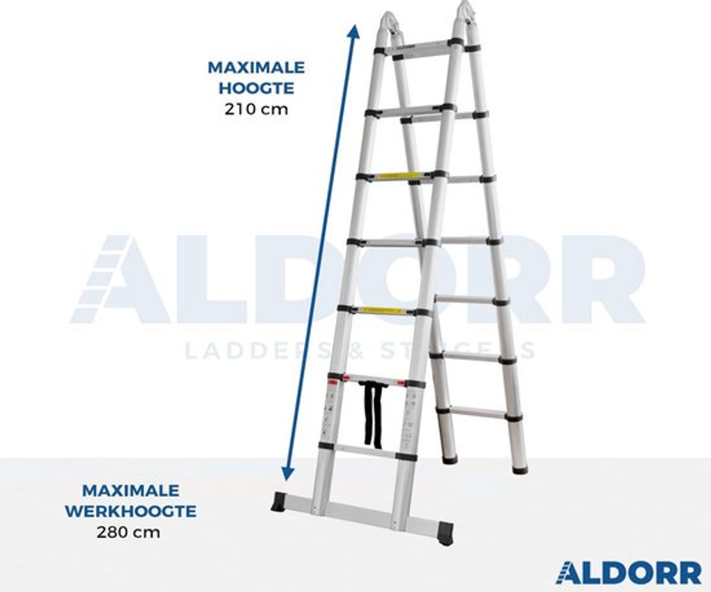 Aldorr Telescopic Folding Ladder. Maximum height shown on picture. Affordable Rental with BIYU.