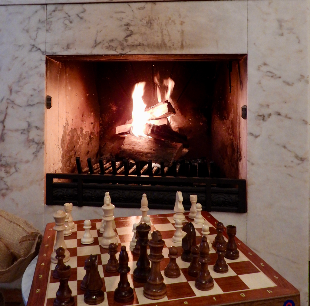 Wooden Chessboard with chess figures in start position in front of a fire pit. Affordable rental with BIYU.