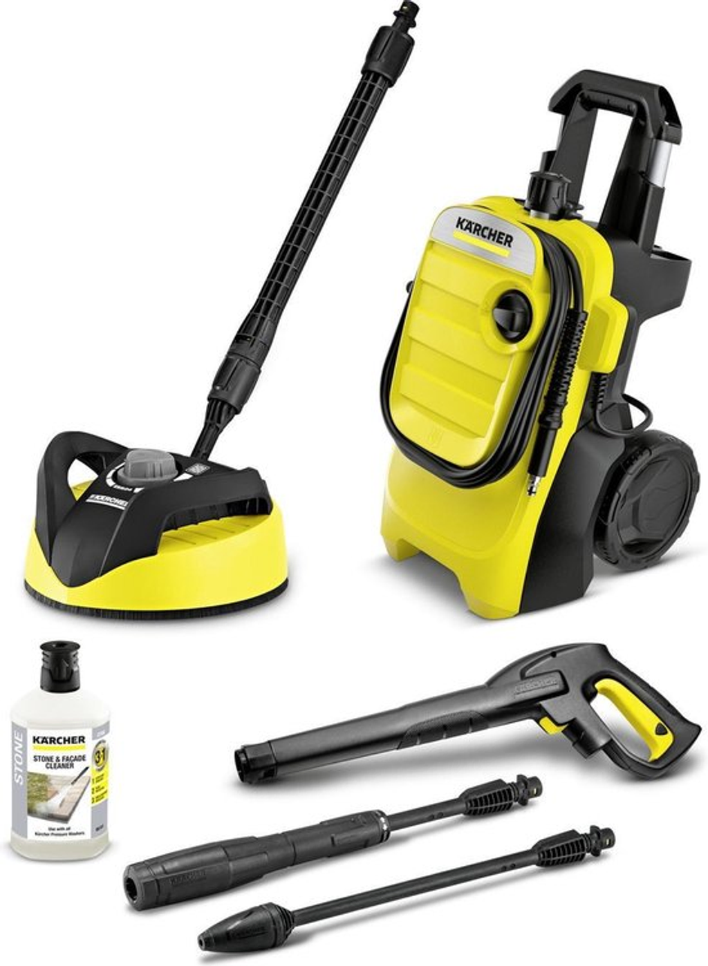 Rent this Kärcher K 4 Compact pressure washer with T-Racer patio cleaner with BIYU 