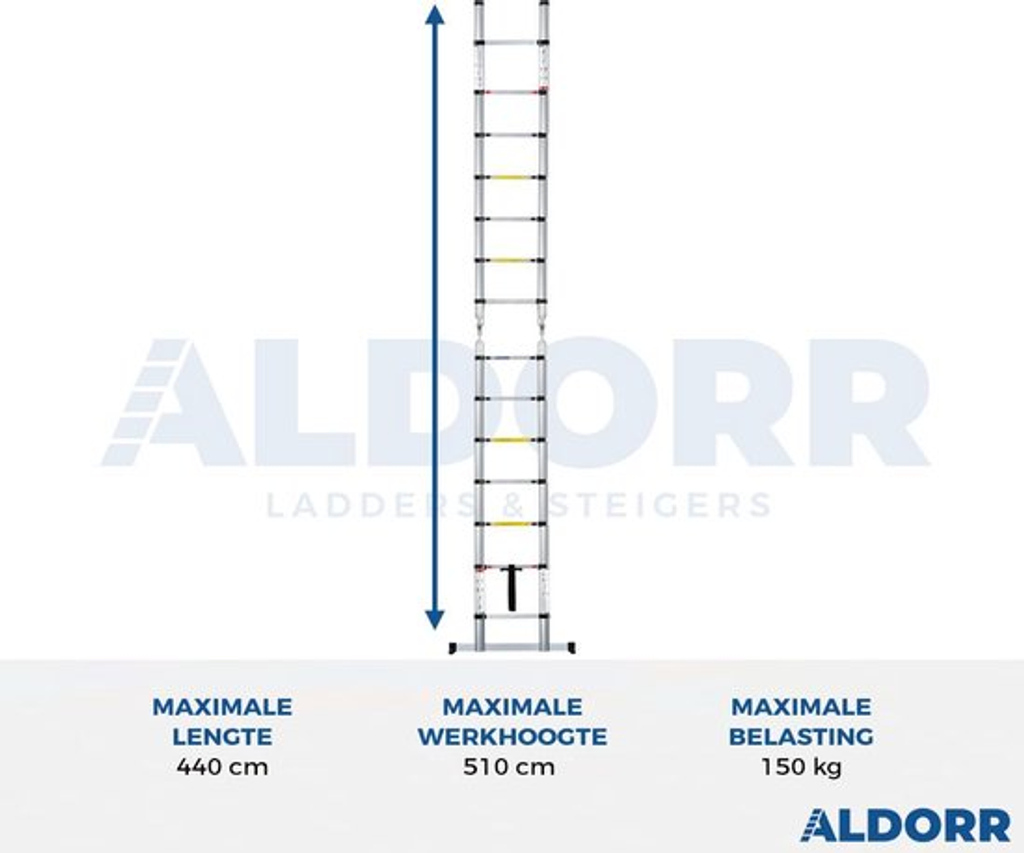 Aldorr Telescopic Folding Ladder. Maximum extended height and ladder shown. Affordable Rental with BIYU.