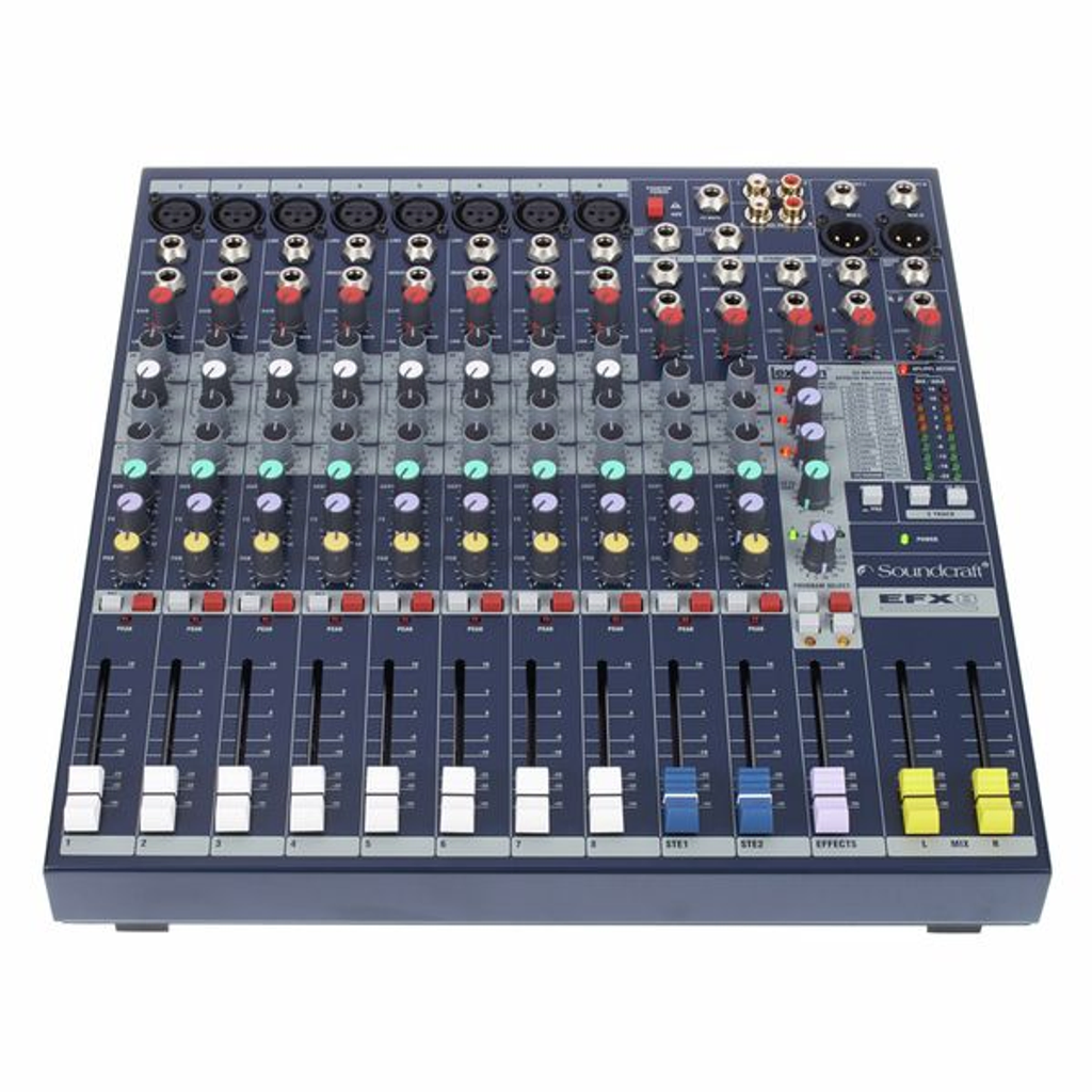 Rent at BIYU: Soundcraft Mixer FX8 with 8 channels. Ideal for live performances and studio recordings.