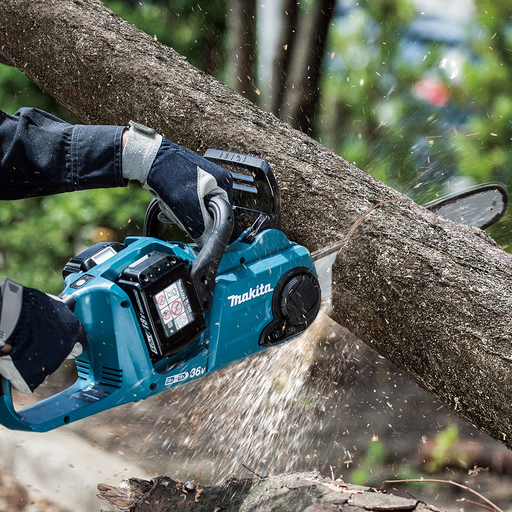 The Makita cordless battery powered chainsaw is ideal for pruning work due to compact construction and low weight
