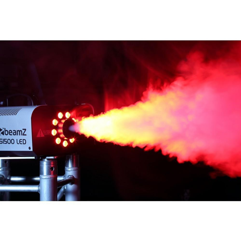 BeamZ Smoke Machine with RGB LEDs making colord smoke at a party. Affordable rental with BIYU.