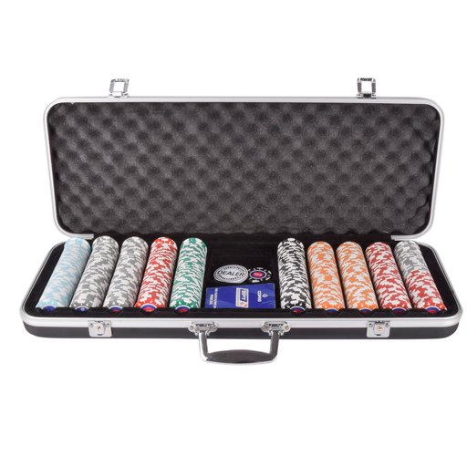 Pokerset open showing all chips and the content of the suitcase. Affordable rental with BIYU.