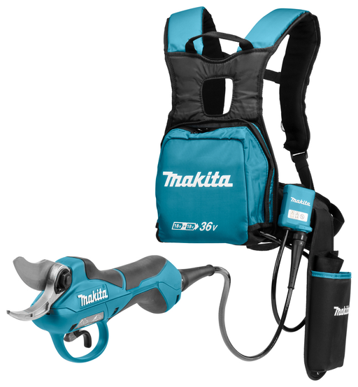 The ergonomic harness for the batteries of the Makita electric pruner shears provides comfort during work