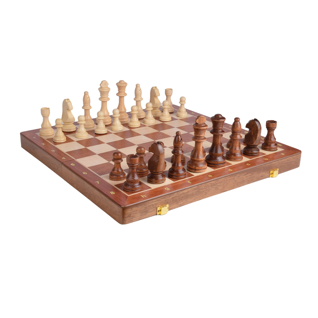 Wooden Chessboard with chess figures in start position. Affordable rental with BIYU.