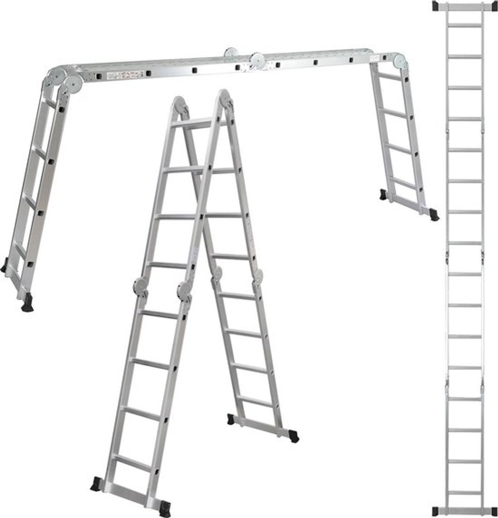 Aldorr Professional Folding Ladder with Platform. Image with various options how to fold the ladder.Affordable rental with BIYU.