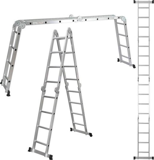 Aldorr Professional Folding Ladder with Platform. Image with various options how to fold the ladder.Affordable rental with BIYU.