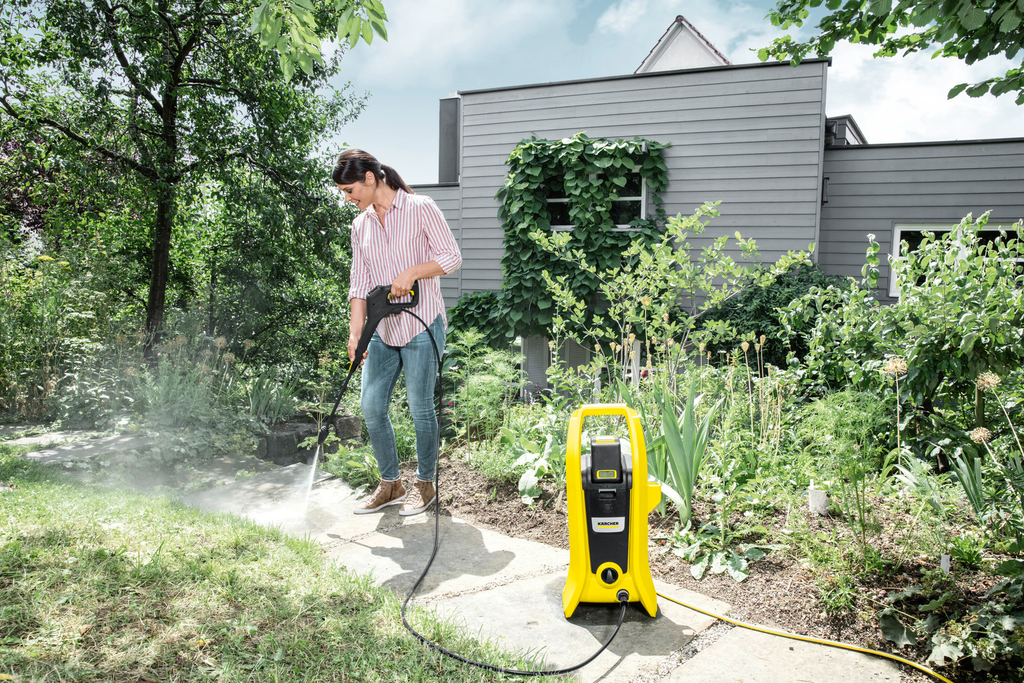 Rent this Kärcher K2 high-pressure cleaner with battery used to clean concrete garden path now at BIYU!