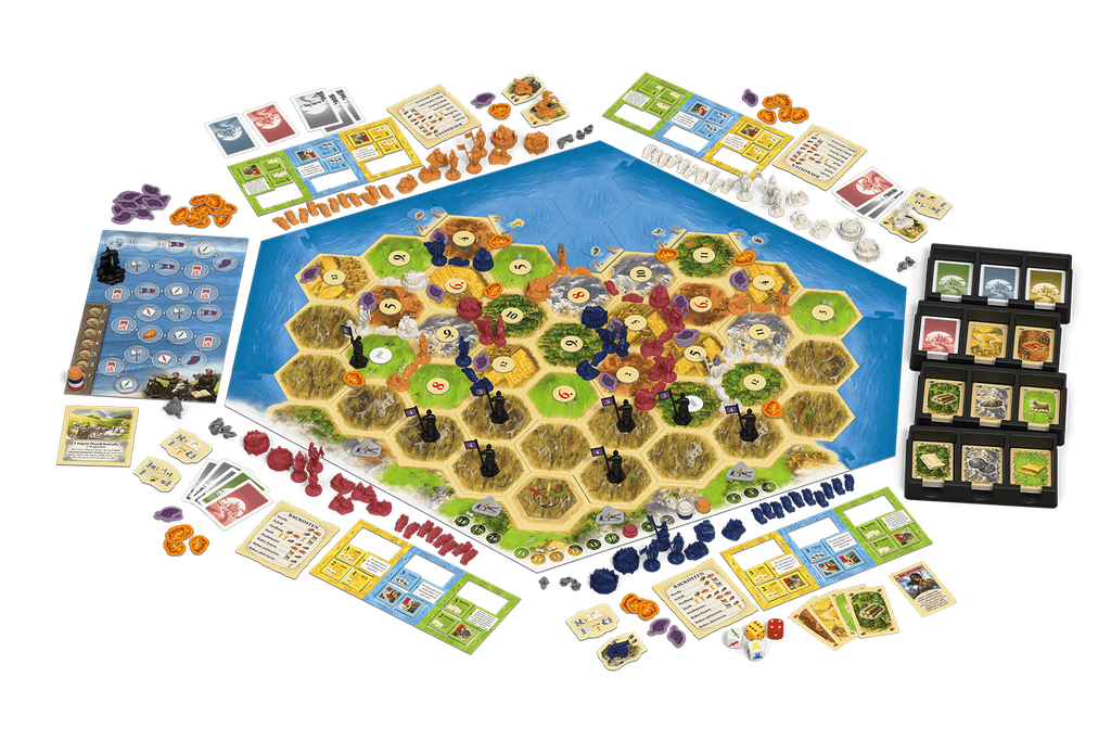 999 Games Catan Game Expansion Cities and Knights. All accesories on a table included with the game. Affordable rental at BIYU.