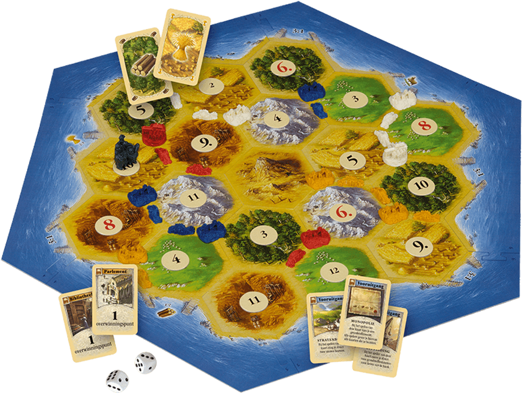 Catan Basic Board Game. Different cardboard islands and game parts shown. Affordable rental with BIYU.